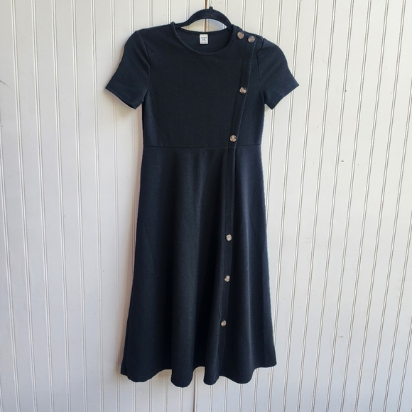 Shein Girls Short Sleeves Dress Textured Stretch Button Detail Midi Black 11-12Y - Picture 1 of 11